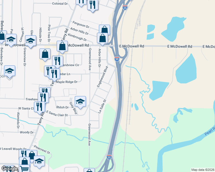 map of restaurants, bars, coffee shops, grocery stores, and more near Arbor Hill Dr in Jackson
