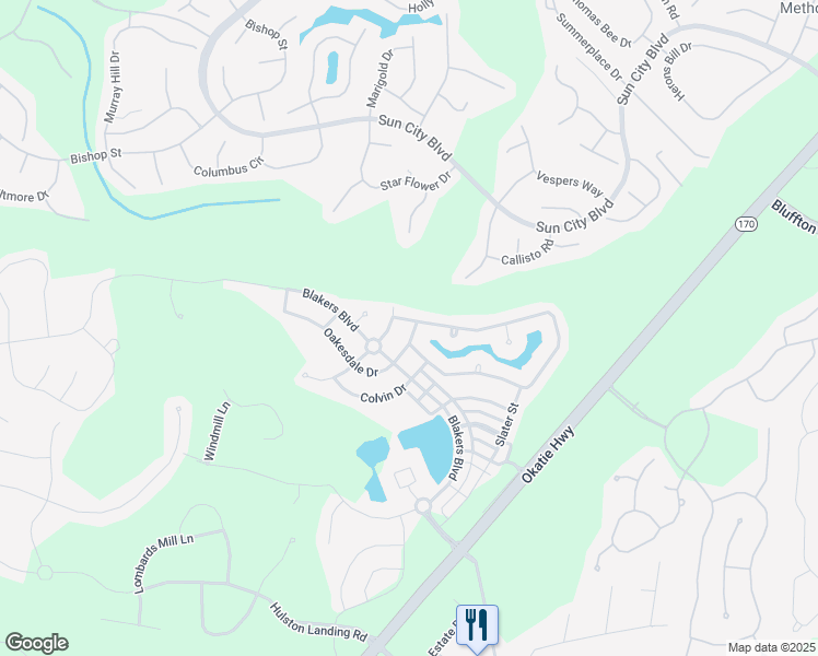 map of restaurants, bars, coffee shops, grocery stores, and more near 195 Oakesdale Drive in Bluffton
