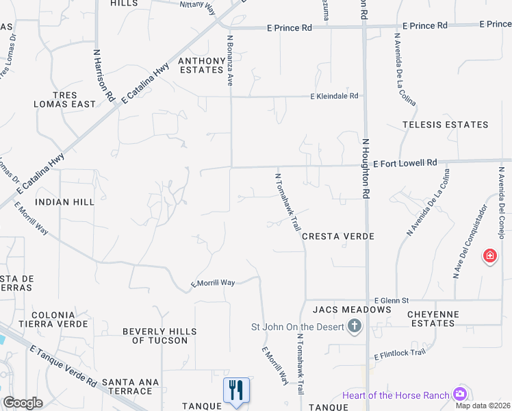 map of restaurants, bars, coffee shops, grocery stores, and more near 9925 East War Bonnet Lane in Tucson