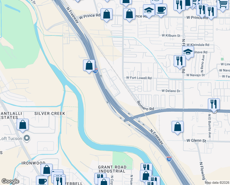 map of restaurants, bars, coffee shops, grocery stores, and more near 3143 North Freeway Industrial Loop in Tucson