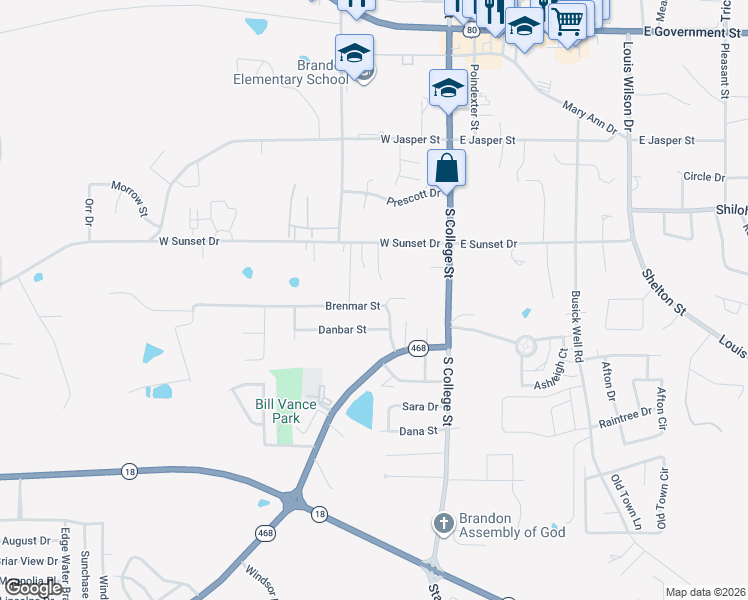 map of restaurants, bars, coffee shops, grocery stores, and more near 302 Brenmar Street in Brandon