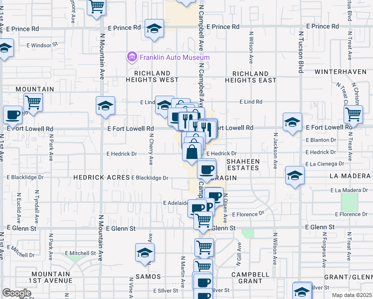 map of restaurants, bars, coffee shops, grocery stores, and more near 3105 North Campbell Avenue in Tucson