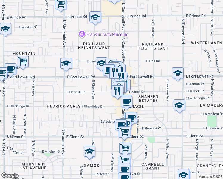 map of restaurants, bars, coffee shops, grocery stores, and more near 1719 East Hedrick Drive in Tucson