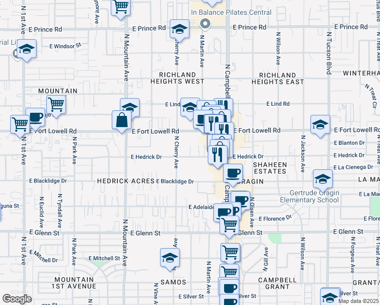 map of restaurants, bars, coffee shops, grocery stores, and more near 1629 East Hedrick Drive in Tucson