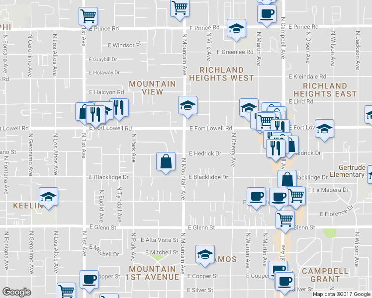 map of restaurants, bars, coffee shops, grocery stores, and more near 3106 North Mountain Avenue in Tucson