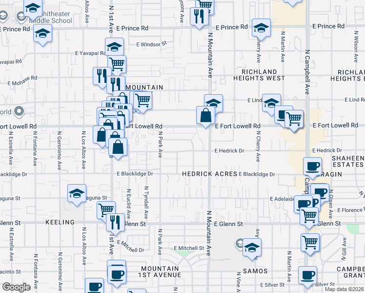 map of restaurants, bars, coffee shops, grocery stores, and more near 1106 East Blanton Drive in Tucson