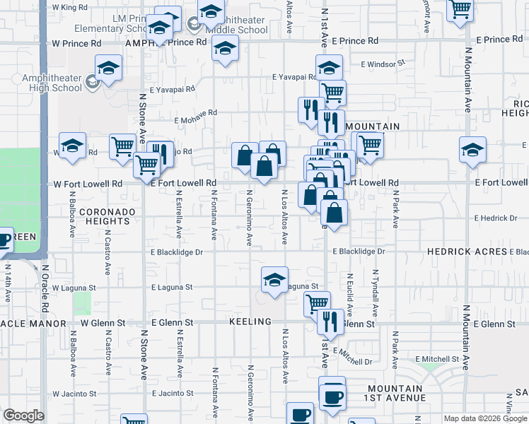 map of restaurants, bars, coffee shops, grocery stores, and more near 465 East Delano Street in Tucson