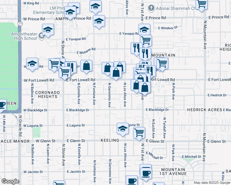 map of restaurants, bars, coffee shops, grocery stores, and more near 403 East Delano Street in Tucson