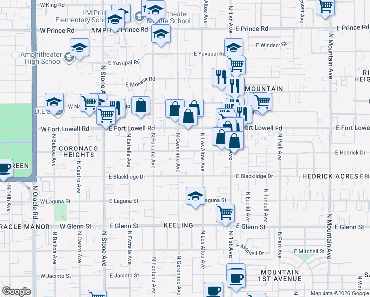 map of restaurants, bars, coffee shops, grocery stores, and more near 403 East Delano Street in Tucson