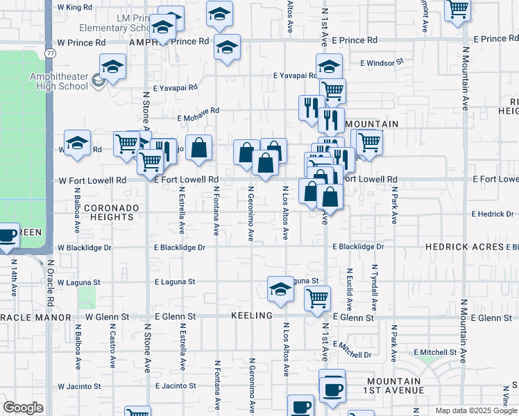 map of restaurants, bars, coffee shops, grocery stores, and more near 403 East Delano Street in Tucson