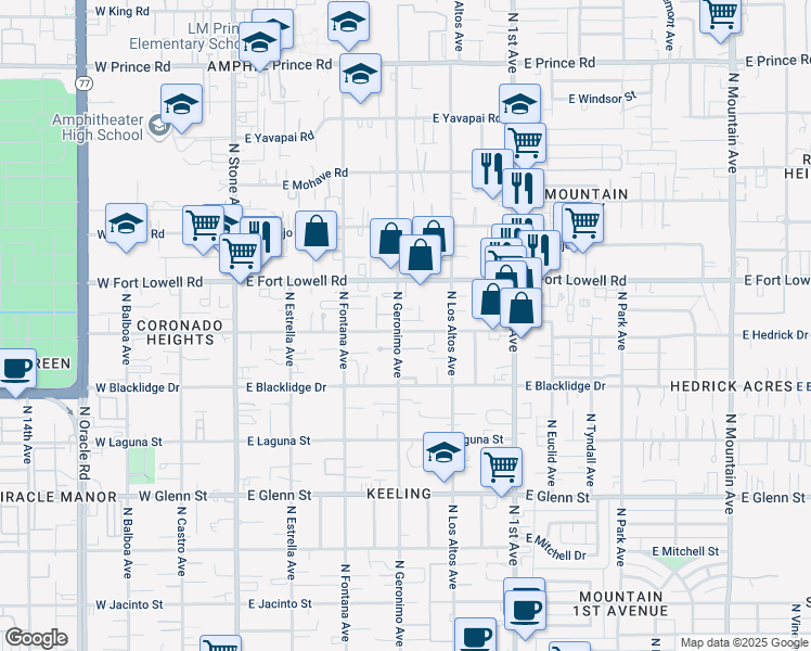 map of restaurants, bars, coffee shops, grocery stores, and more near 403 East Delano Street in Tucson