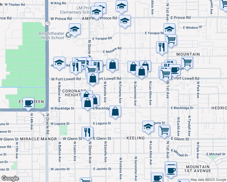 map of restaurants, bars, coffee shops, grocery stores, and more near 245 East Delano Street in Tucson
