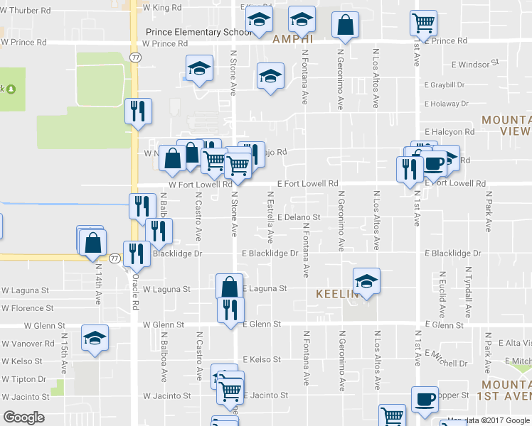 map of restaurants, bars, coffee shops, grocery stores, and more near 182 East Placita Estrella in Tucson
