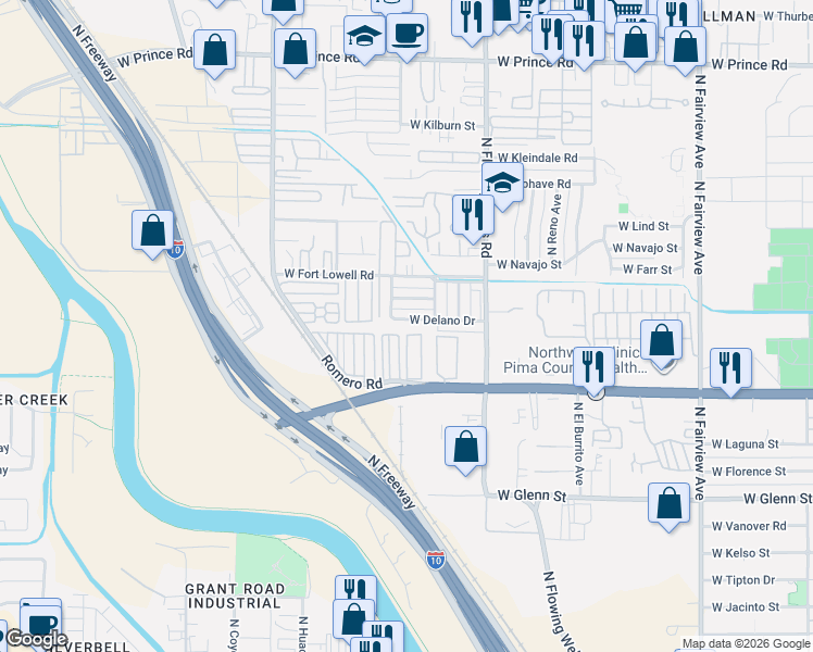 map of restaurants, bars, coffee shops, grocery stores, and more near 1549 West Delano Drive in Tucson