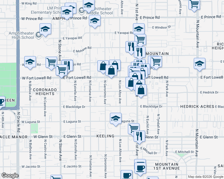 map of restaurants, bars, coffee shops, grocery stores, and more near 465 East Delano Street in Tucson