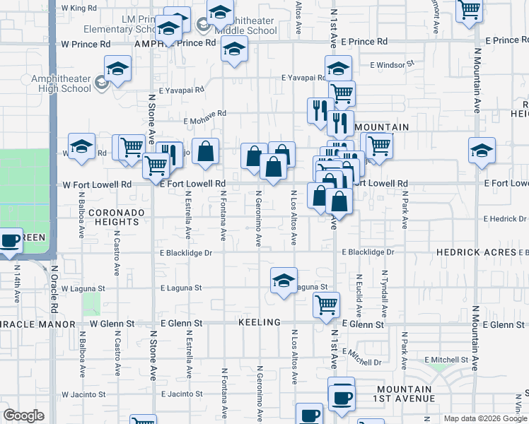 map of restaurants, bars, coffee shops, grocery stores, and more near 403 East Delano Street in Tucson