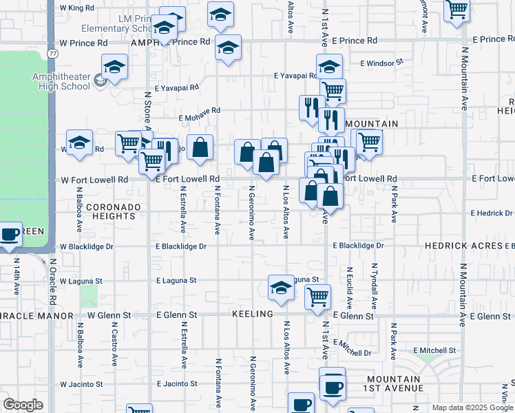 map of restaurants, bars, coffee shops, grocery stores, and more near 403 East Delano Street in Tucson