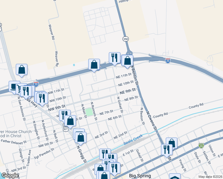 map of restaurants, bars, coffee shops, grocery stores, and more near 901-999 North Goliad Street in Big Spring