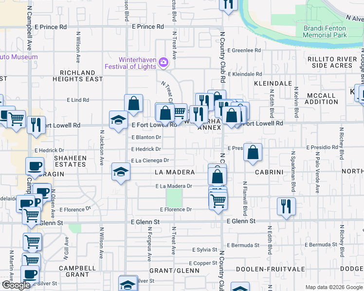 map of restaurants, bars, coffee shops, grocery stores, and more near 3110 North Treat Avenue in Tucson