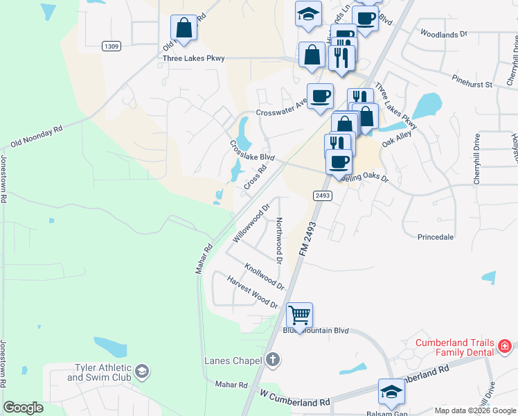 map of restaurants, bars, coffee shops, grocery stores, and more near 14946 Willowwood Drive in Tyler