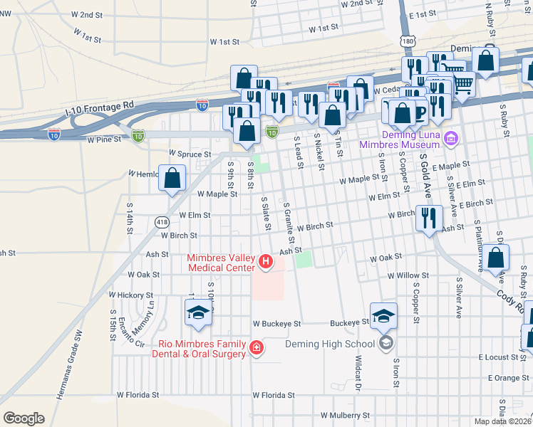 map of restaurants, bars, coffee shops, grocery stores, and more near 857 West Elm Street in Deming