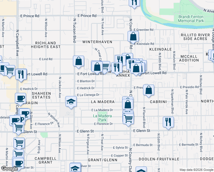 map of restaurants, bars, coffee shops, grocery stores, and more near 3110 North Treat Avenue in Tucson