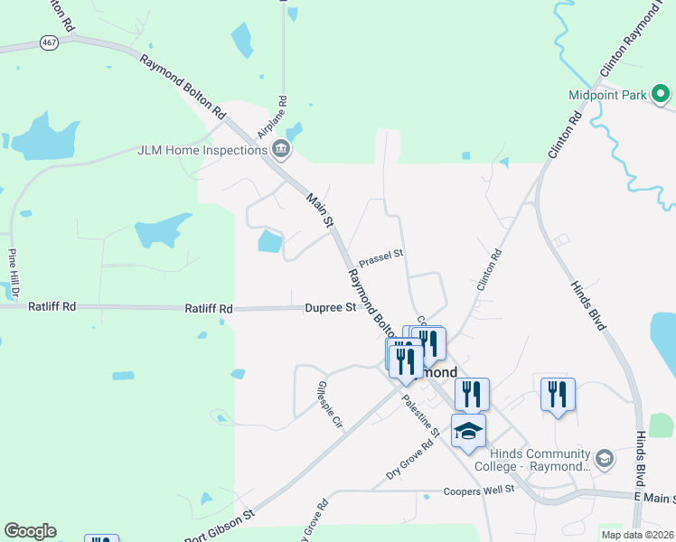 map of restaurants, bars, coffee shops, grocery stores, and more near 101 McClendon Drive in Raymond