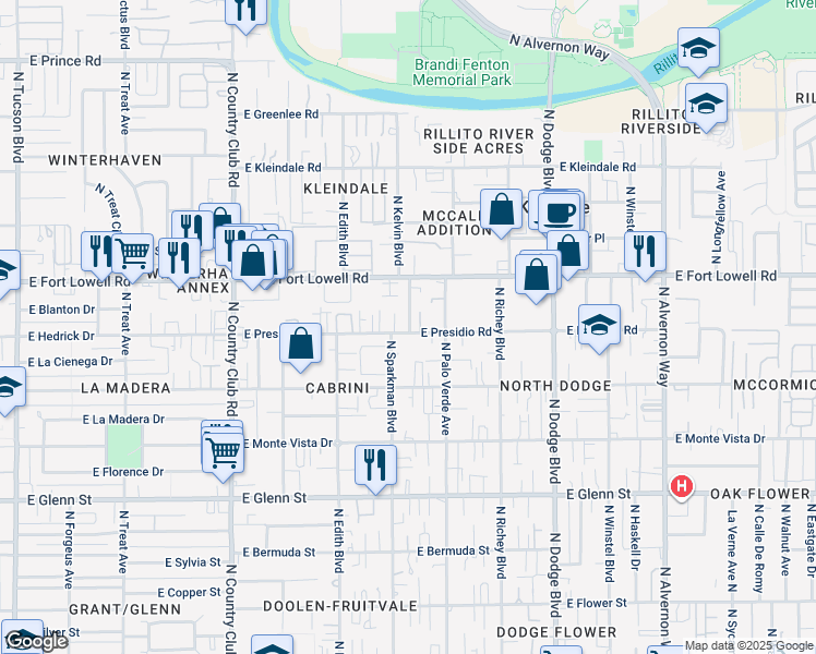 map of restaurants, bars, coffee shops, grocery stores, and more near 3401 East Presidio Road in Tucson