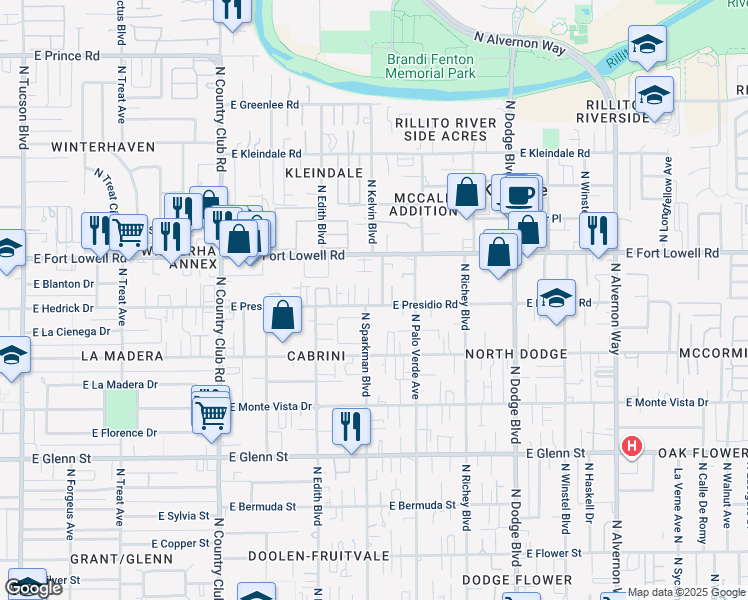 map of restaurants, bars, coffee shops, grocery stores, and more near 3401 East Presidio Road in Tucson