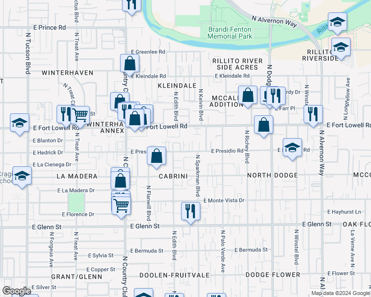 map of restaurants, bars, coffee shops, grocery stores, and more near 3315 East Presidio Road in Tucson