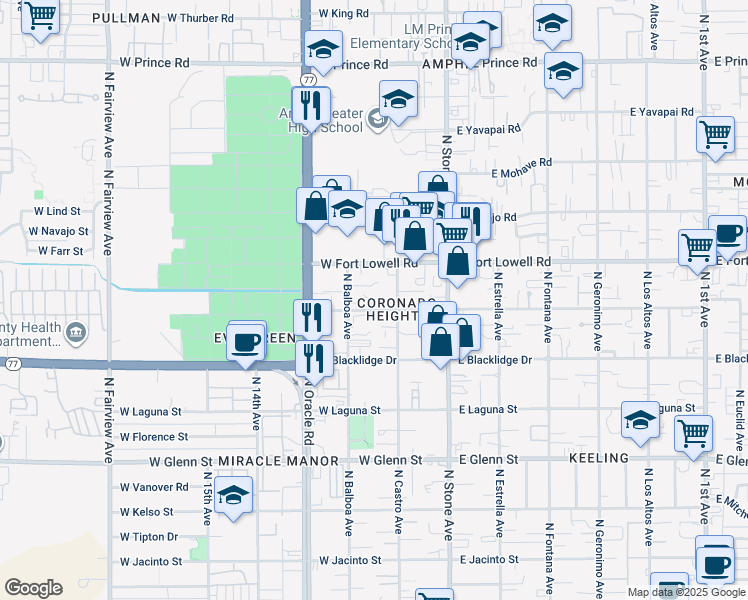 map of restaurants, bars, coffee shops, grocery stores, and more near 3119 North Castro Avenue in Tucson
