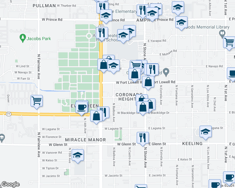 map of restaurants, bars, coffee shops, grocery stores, and more near 3120 North Balboa Avenue in Tucson