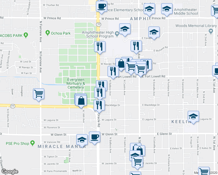map of restaurants, bars, coffee shops, grocery stores, and more near 3120 North Balboa Avenue in Tucson