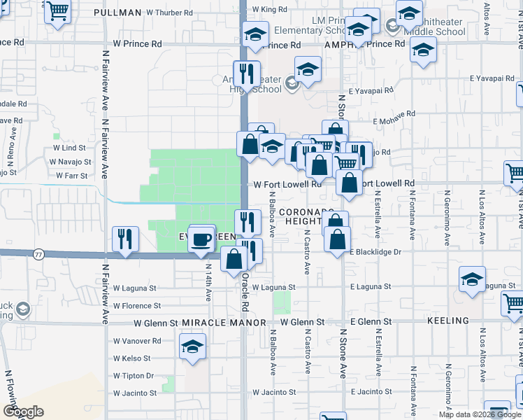 map of restaurants, bars, coffee shops, grocery stores, and more near 3120 North Oracle Road in Tucson