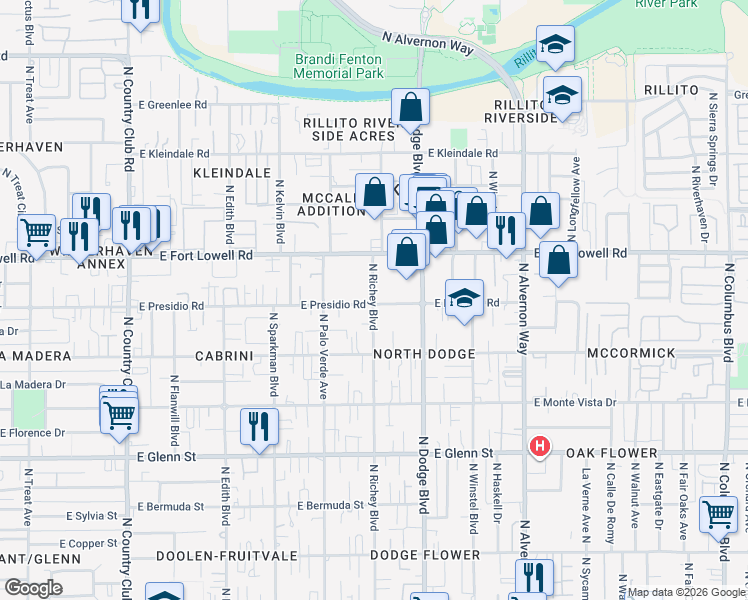 map of restaurants, bars, coffee shops, grocery stores, and more near 102 North Richey Boulevard in Tucson