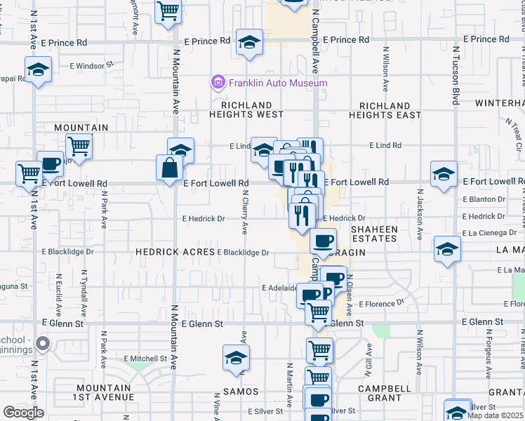 map of restaurants, bars, coffee shops, grocery stores, and more near 1633 East Hedrick Drive in Tucson
