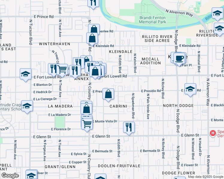 map of restaurants, bars, coffee shops, grocery stores, and more near 3225 East Presidio Road in Tucson