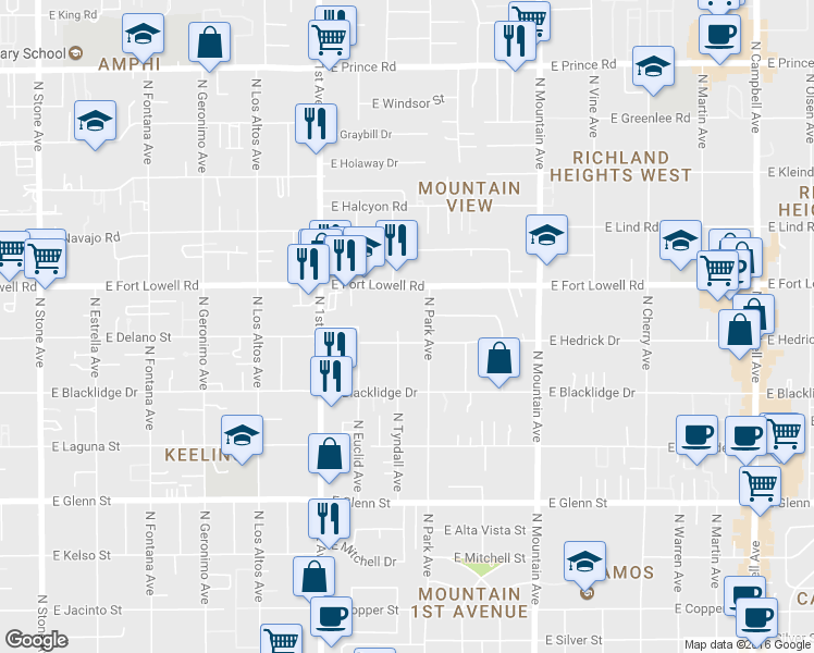 map of restaurants, bars, coffee shops, grocery stores, and more near 3106 North Tyndall Avenue in Tucson