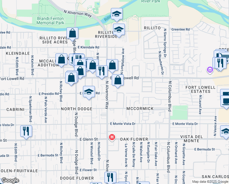 map of restaurants, bars, coffee shops, grocery stores, and more near 3101 North Dale Avenue in Tucson
