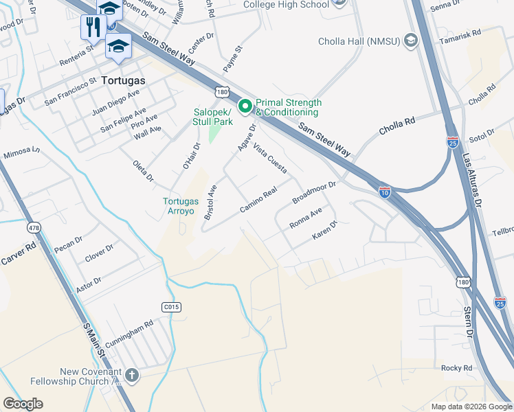 map of restaurants, bars, coffee shops, grocery stores, and more near 3018 Camino Real in Las Cruces