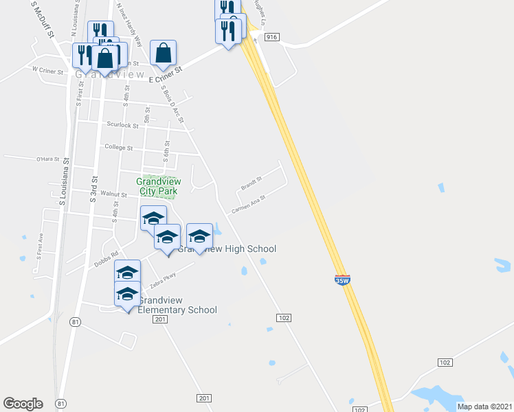 map of restaurants, bars, coffee shops, grocery stores, and more near 710 Carmen Ana St in Grandview