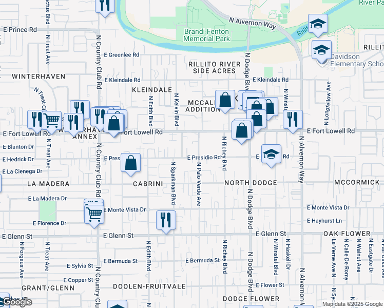 map of restaurants, bars, coffee shops, grocery stores, and more near 3461 East Presidio Road in Tucson