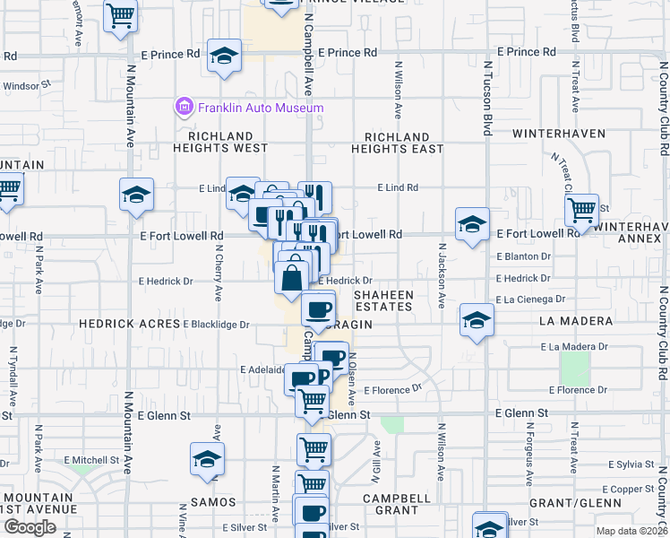 map of restaurants, bars, coffee shops, grocery stores, and more near 3122 North Campbell Avenue in Tucson