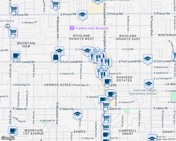 map of restaurants, bars, coffee shops, grocery stores, and more near 1645 East Hedrick Drive in Tucson