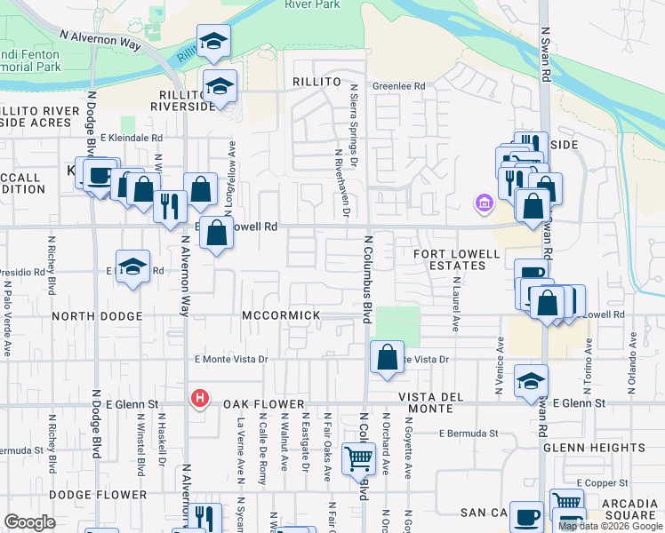 map of restaurants, bars, coffee shops, grocery stores, and more near 4219 East Presidio Road in Tucson
