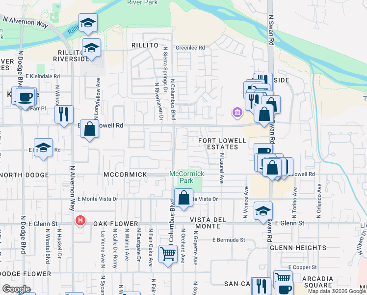 map of restaurants, bars, coffee shops, grocery stores, and more near 4315 East Presidio Road in Tucson