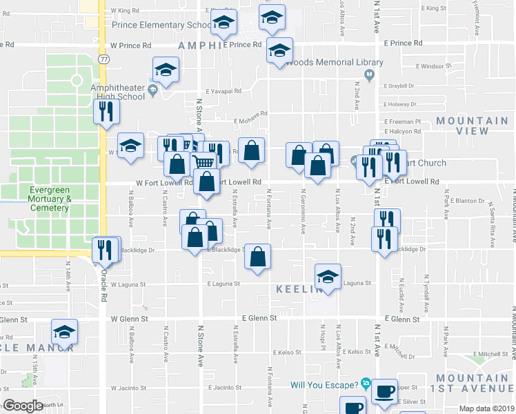 map of restaurants, bars, coffee shops, grocery stores, and more near 245 East Delano Street in Tucson