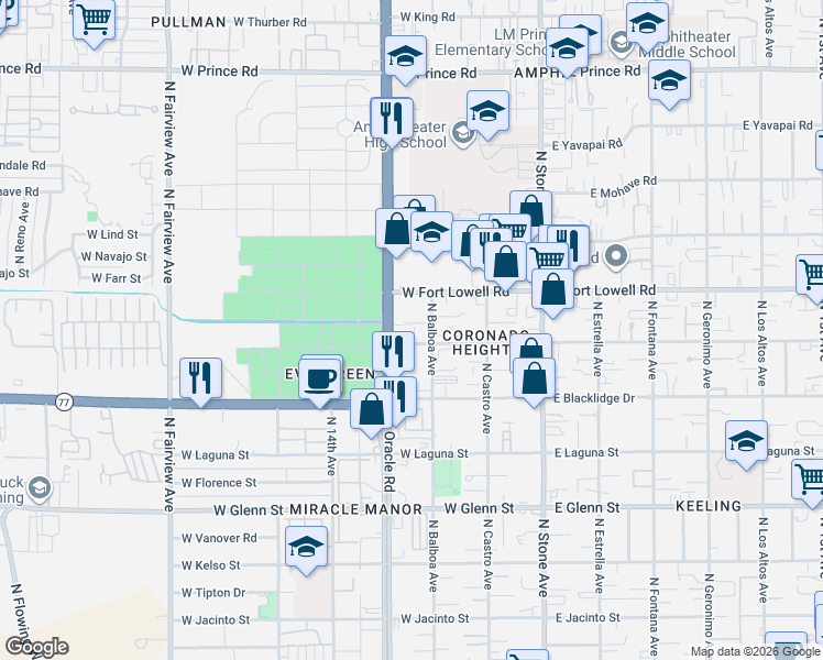 map of restaurants, bars, coffee shops, grocery stores, and more near 354 West Delano Street in Tucson