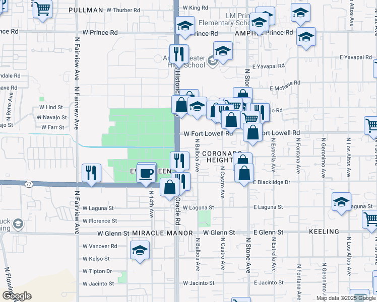 map of restaurants, bars, coffee shops, grocery stores, and more near 3120 North Oracle Road in Tucson