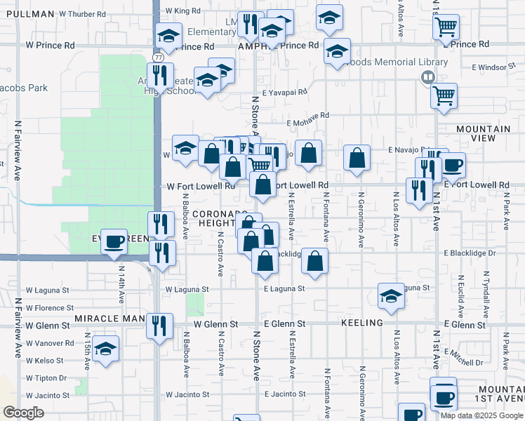 map of restaurants, bars, coffee shops, grocery stores, and more near 3098 North Stone Avenue in Tucson